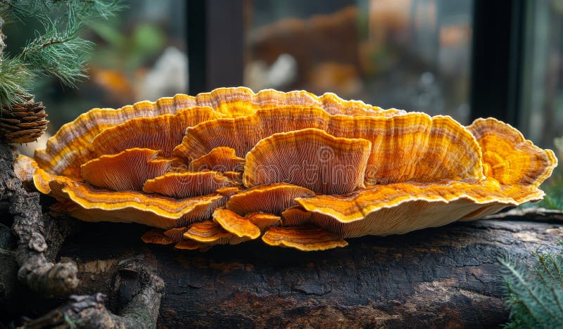 A large orange mushroom is sitting on a log stock photo
