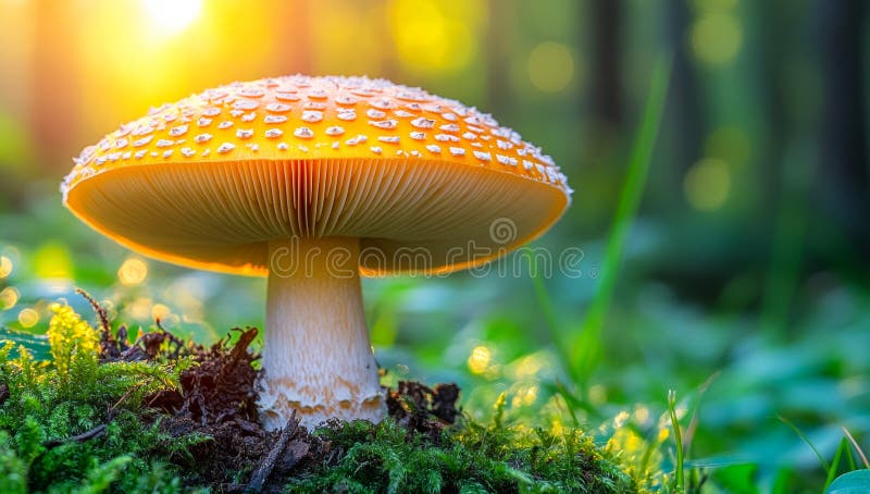 A large orange mushroom is sitting on a patch of moss royalty free stock photos