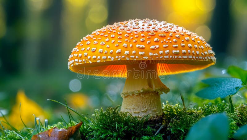 A large orange mushroom with white spots sits on a patch of green grass stock photo