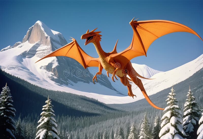 A large orange pterodactyl-like creature flying over a snowy mountain stock illustration