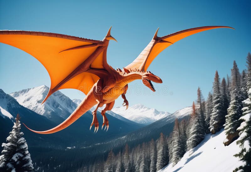A large orange pterodactyl-like creature flying over a snowy mountain vector illustration