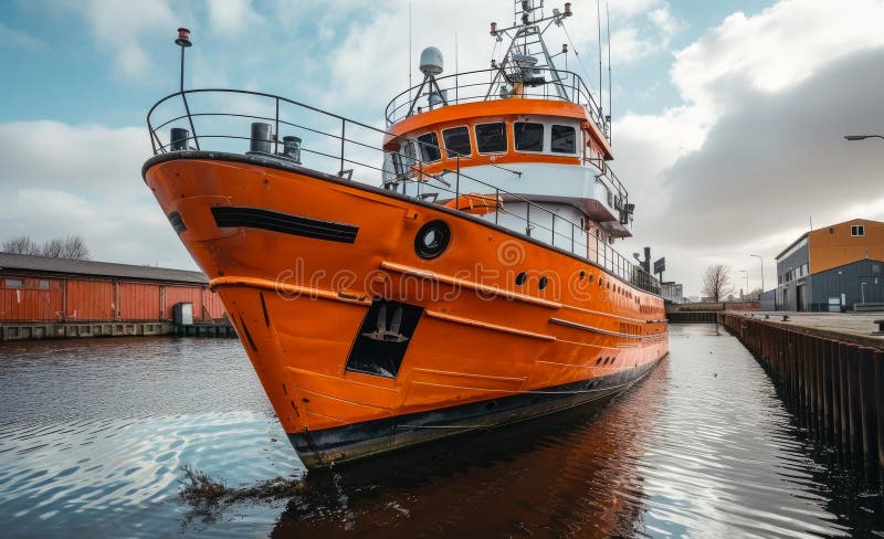 A large orange ship is docked in a harbor. The water is calm and the sky is cloudy stock photography