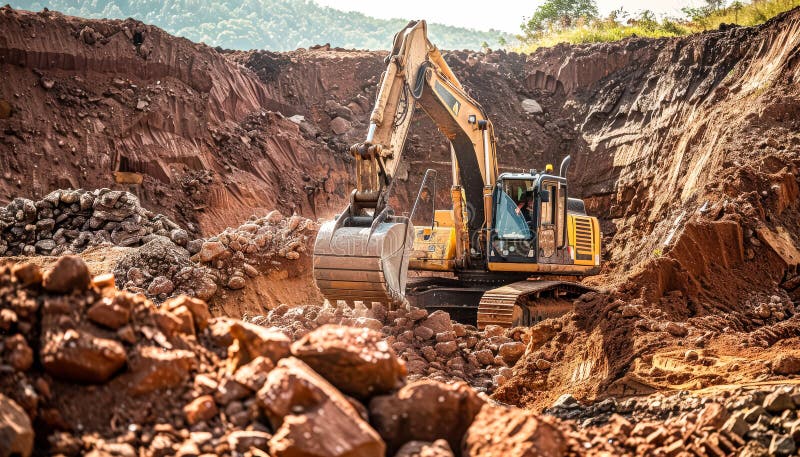 Large orange and yellow construction vehicle is digging into the ground. stock illustration