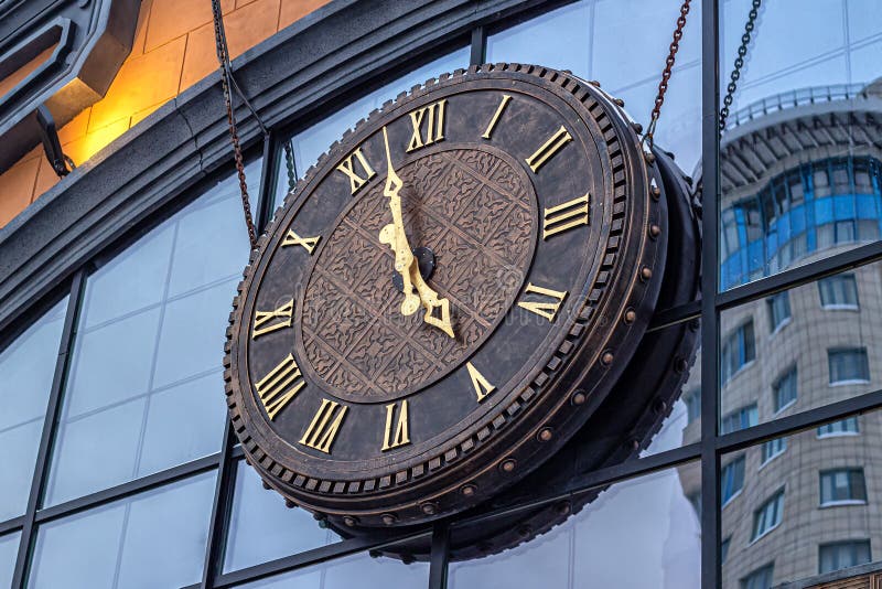 Large Outdoor Clock with Brown Dial and Gold Hands Stock Photo Image of decoration, reflection