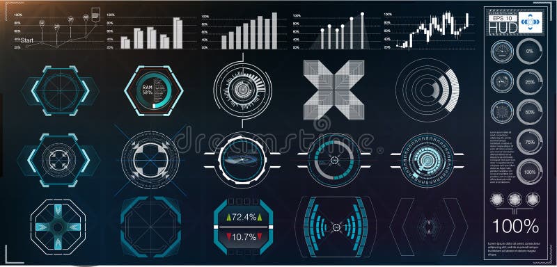 A large package of hud elements, graphics, displays, analog and digital instruments, radar scales. Abstract HUD. vector illustration A large package of hud elements, graphics, displays, analog and digital instruments, radar scales. Abstract HUD. vector illustration