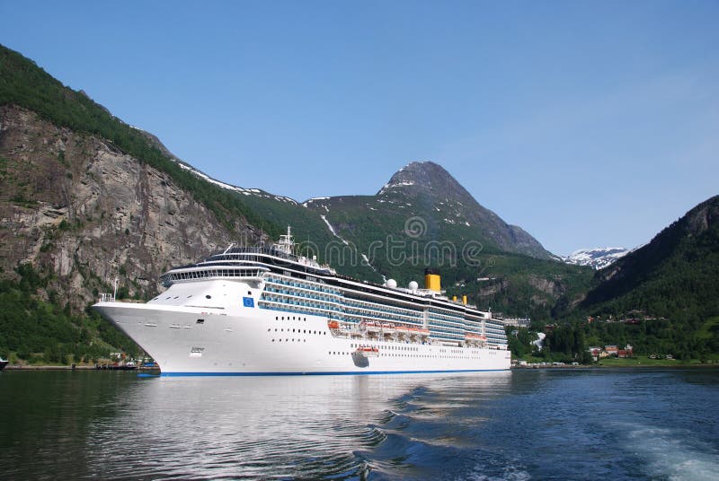 Large passenger ship in Geiranger stock photos