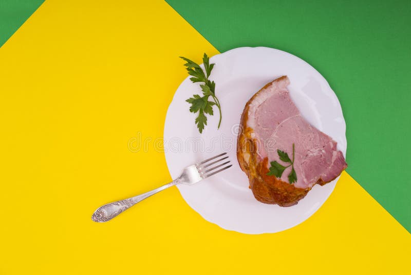 A Large Piece of Fresh Pork Ham on a Plate . Stock Image Image of