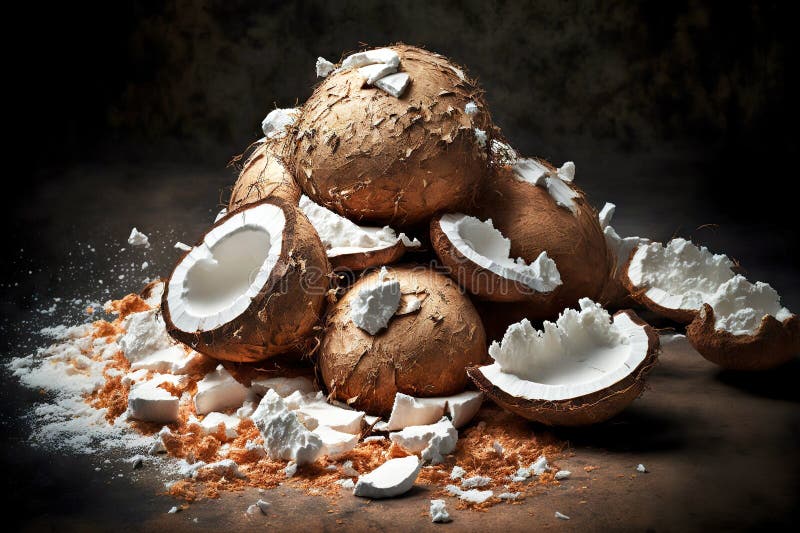 Large Pile of Cracked Coconut Fruit As Ingredients for Coconut Milk