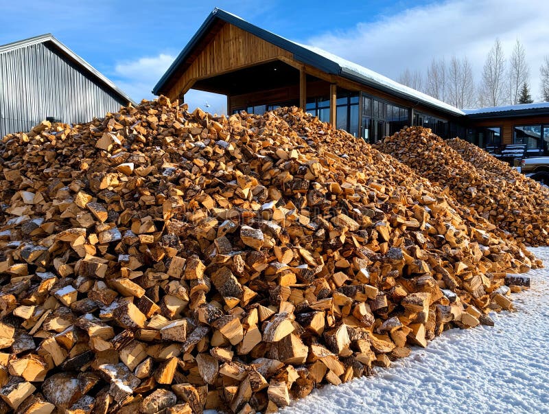 A large pile of wood sitting in front of a building stock photos