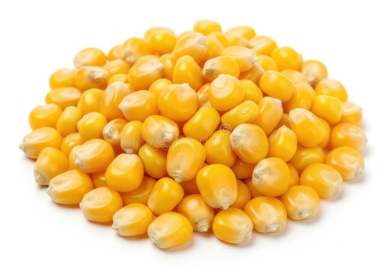 A large pile of yellow popcorn kernels on white background the image shows substantial possibly for snacking or cooking against ilustração royalty free