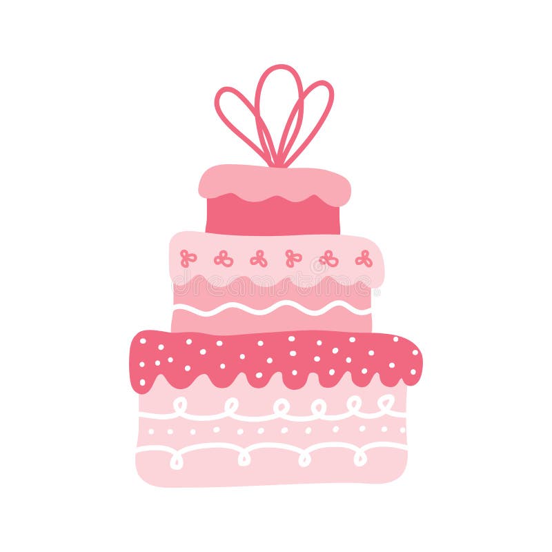 A large pink cream cake with three tiers. Ornate decorated wedding cake isolated on a white background. Logo or an icon