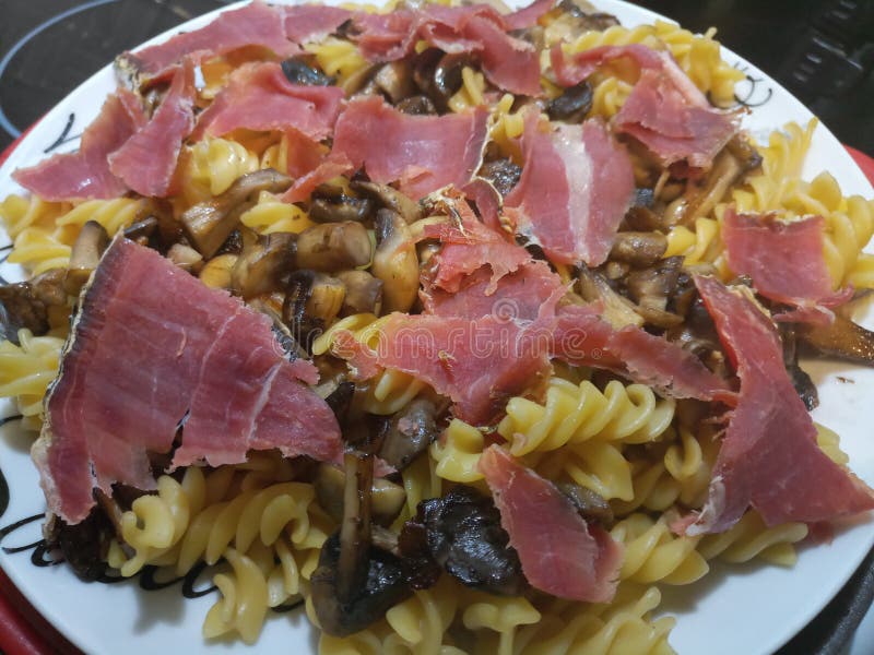 Large Plate of Pasta Bake with Jamon Serrano Stock Photo Image of