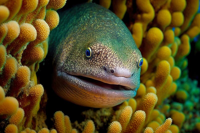 Large Predatory Moray Eel Floats on Bottom of Sea among Corals Stock