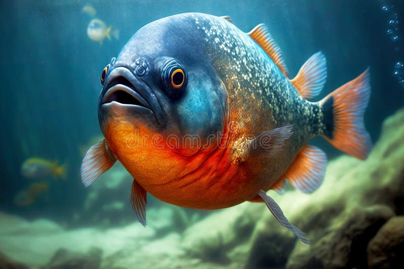 Large predatory piranhas floating on river rocky bottom, created with generative ai