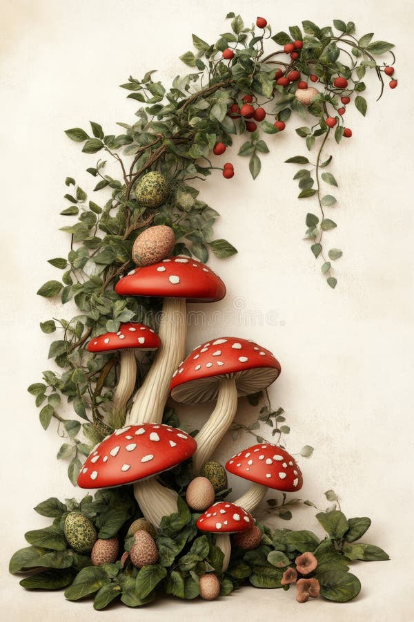 Large red-capped mushrooms with white spots among green foliage on a light background. Enchanting fairy tale atmosphere royalty free stock photo