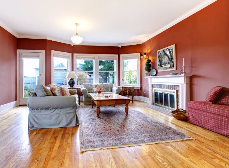 red painted living room fireplace