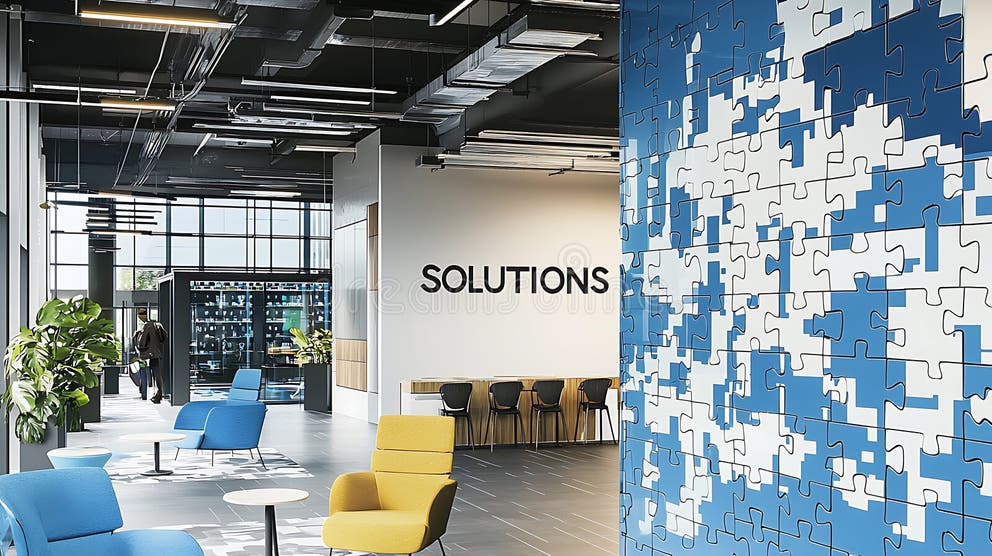 A Large Room with a Blue Wall that Says Solutions Stock Photo - Image ...