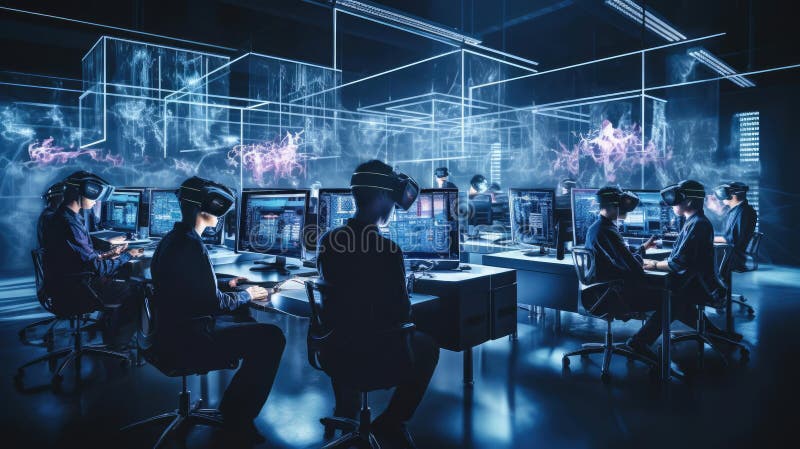 Large room with developers in virtual glasses. Large room with computers and developers in virtual glasses AI generated