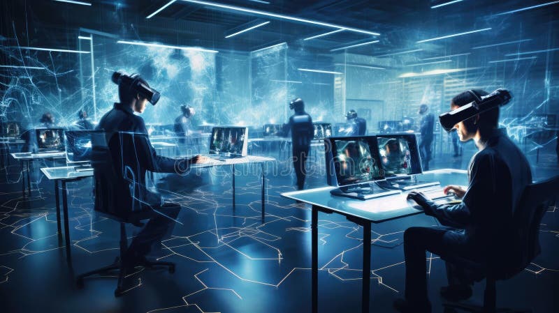 Large room with developers in virtual glasses. Large room with computers and developers in virtual glasses AI generated