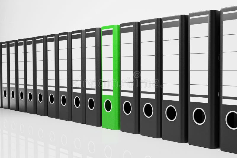 Large row of black office folders with one green binder, conceptual archive 3D Illustration vector illustration Large row of black office folders with one green binder, conceptual archive 3D Illustration vector illustration