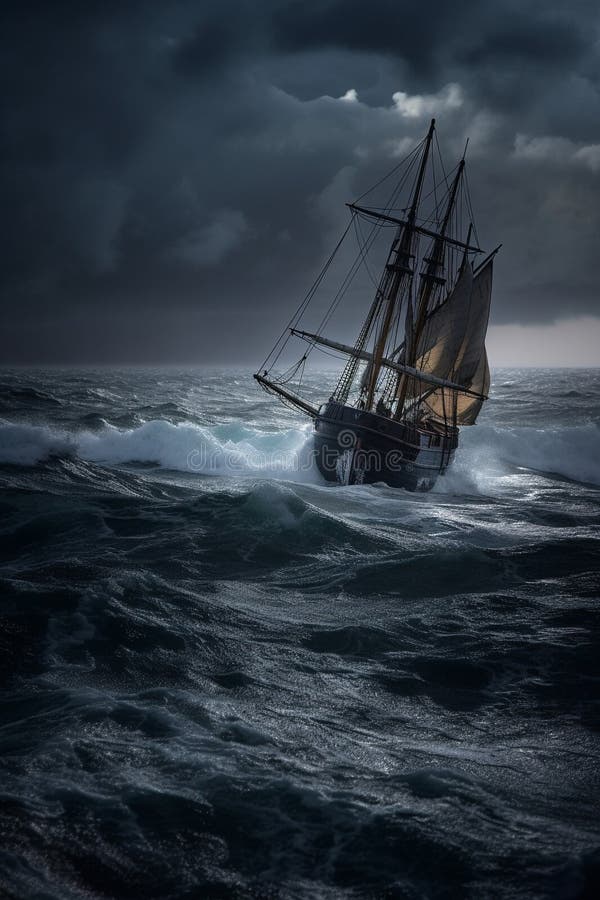 Large Sailing Ship in a Stormy Sea. AI Generated Stock Illustration