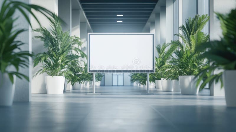 A large screen in a modern building surrounded by potted plants stock image