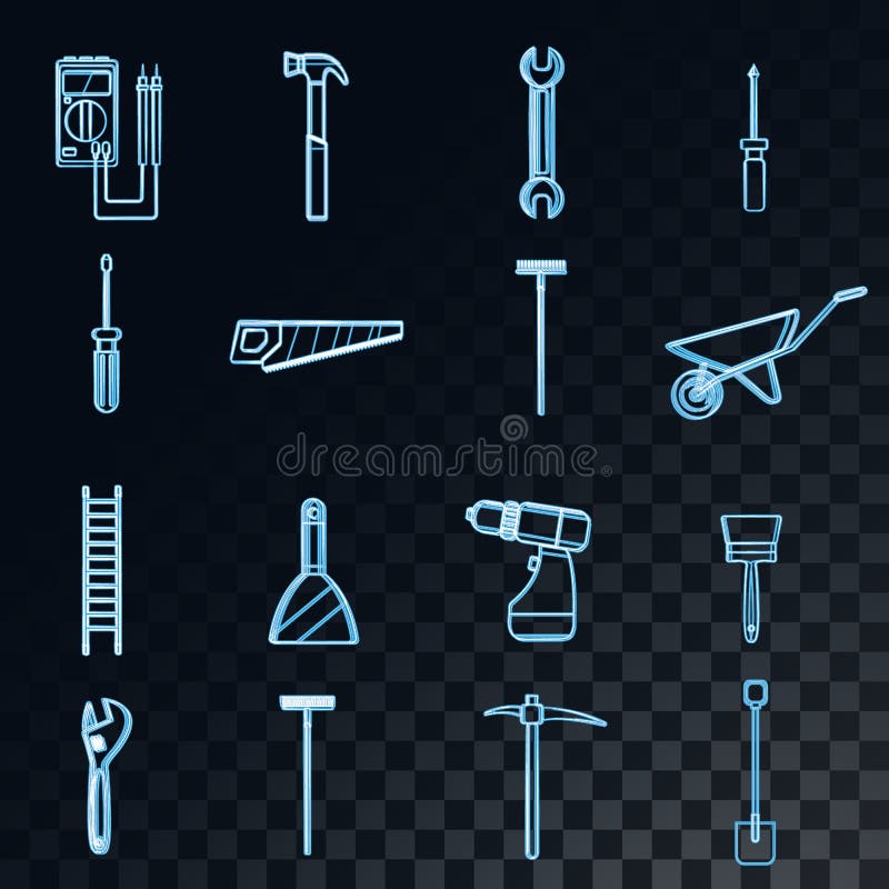 A large set of abstract neon glowing blue icons of construction, plumbing, garden, repair, tools: shovel, saw, hammer, brush, mop stock illustration A large set of abstract neon glowing blue icons of construction, plumbing, garden, repair, tools: shovel, saw, hammer, brush, mop stock illustration