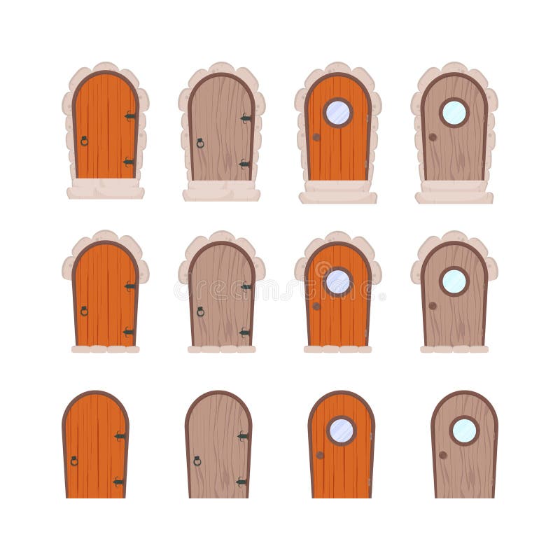Large Set of Antique Wooden Doors. Stone Cladding and Steps. Wood Texture.  Cartoon Style. Isolated, Vector Illustration. Stock Illustration -  Illustration of frame, doors: 234317686