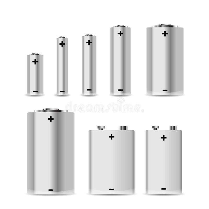Large Set of Different Alkaline Batteries on White Stock Vector