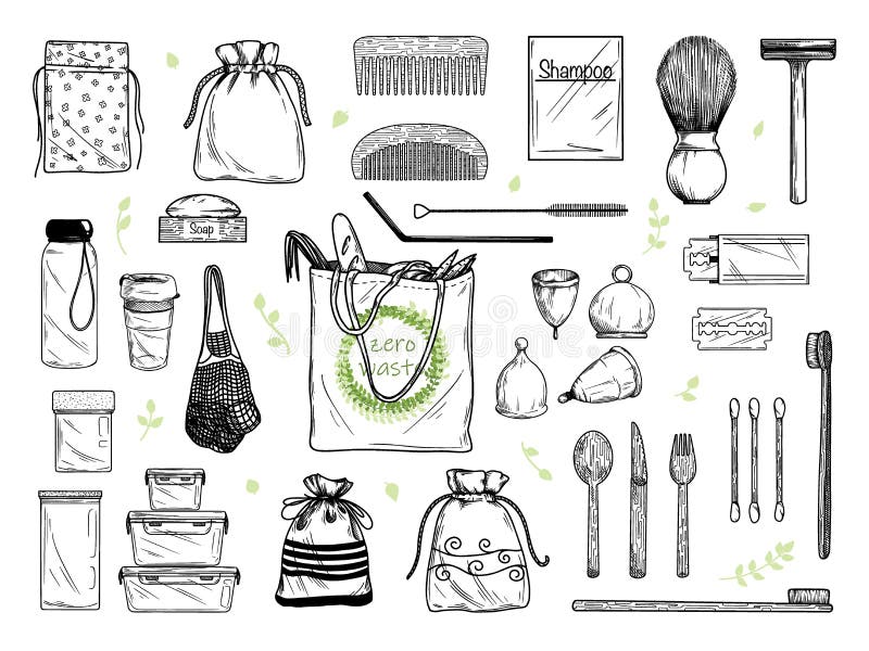 Reusable products. Zero waste durable items bathroom and hygiene set doodle  drawing,vector illustration.Items collection made of bamboo, metal and  other environmental materials Eco friendly concept 14657340 Vector Art at  Vecteezy