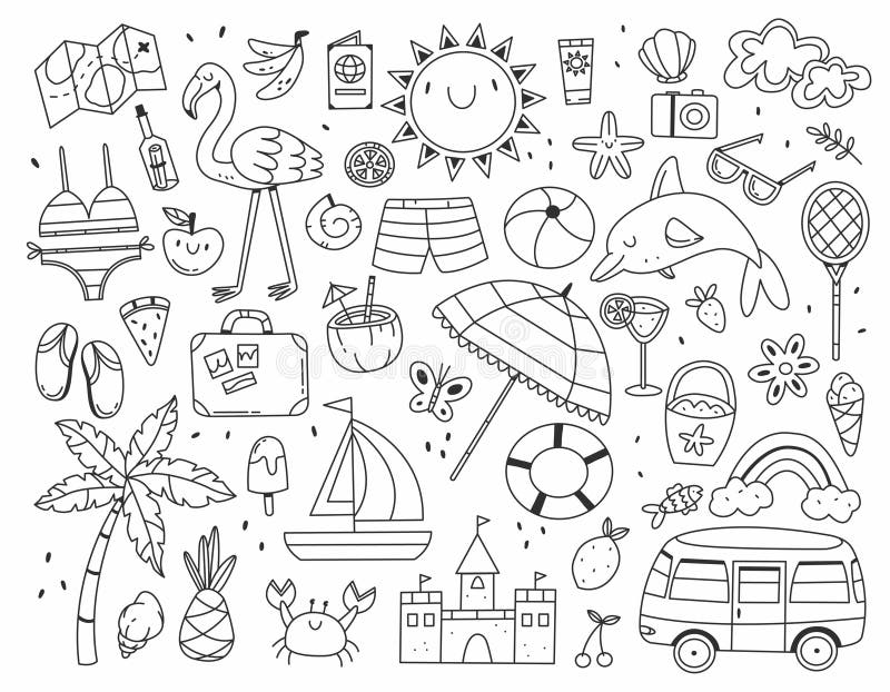 Large Set of Different Summer Items in Black and White Doodle Style ...