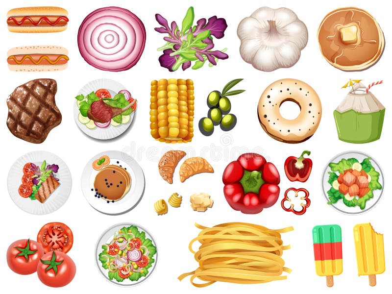 Large set of food and desserts on white background.