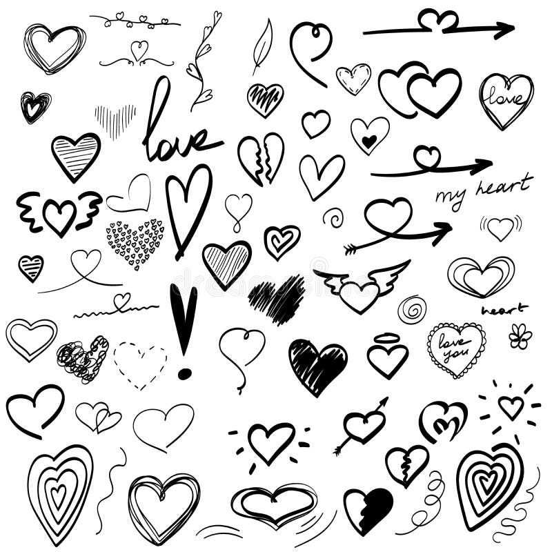 Large Set of Hand-drawn Heart Drawings, Valentine. Doodle Vector ...