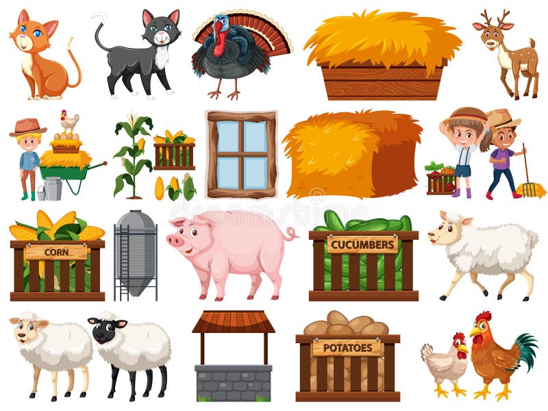 Large set of isolated farm objects stock illustration