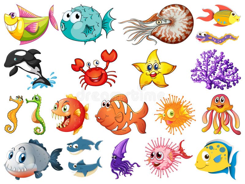 Large Set of Sea Creatures on White Background Stock Vector ...