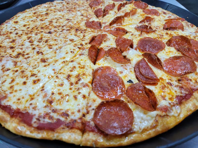 Large Sliced Pepperoni Pizza with Cheese on Tray Stock Image Image of