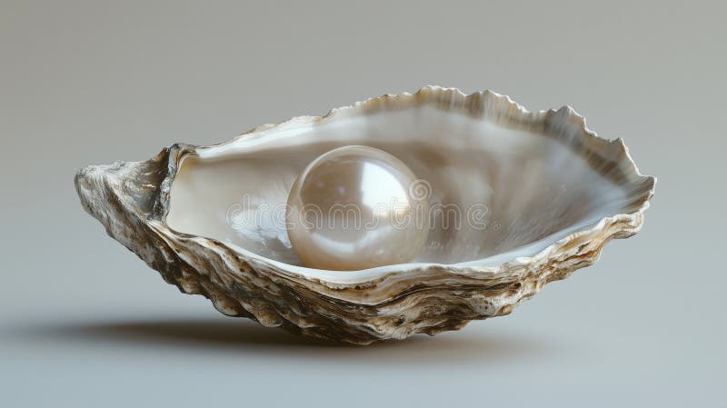 A Large Smooth Shiny Pearl in an Open Oyster Shell on a Plain Background. Bivalve shell stock images, royalty-free photos and pictures