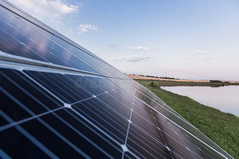 Solar Panel Near the Lake with Birds, Renewable Energy Eco Stock Image