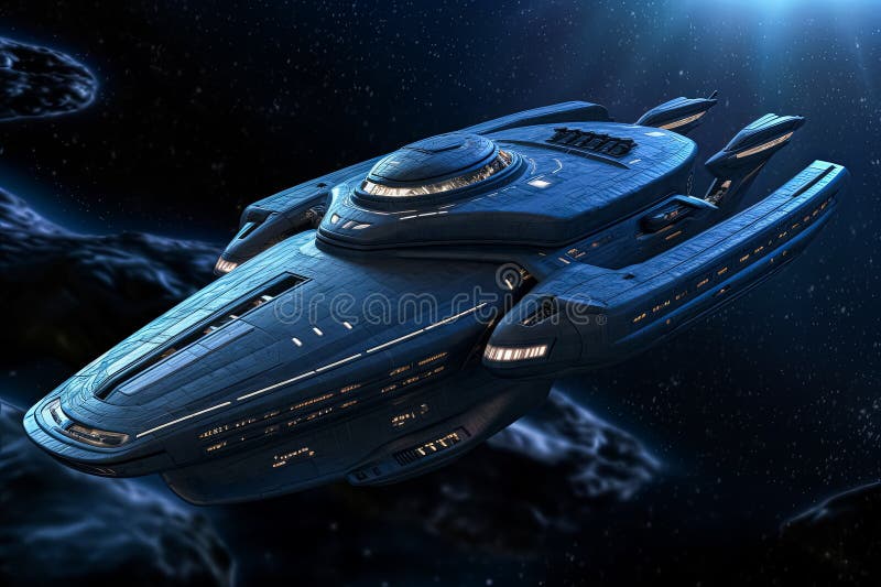 A Large Space Ship is Flying through Space. Stock Image - Image of