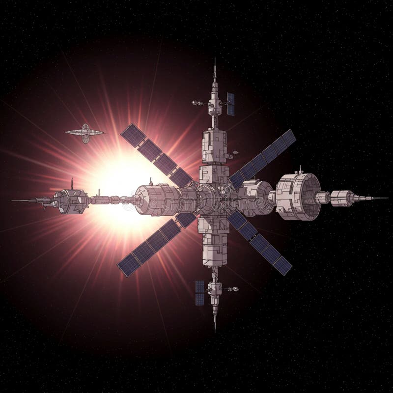 A large space station with a central cylindrical module and extending solar panels, set vector illustration