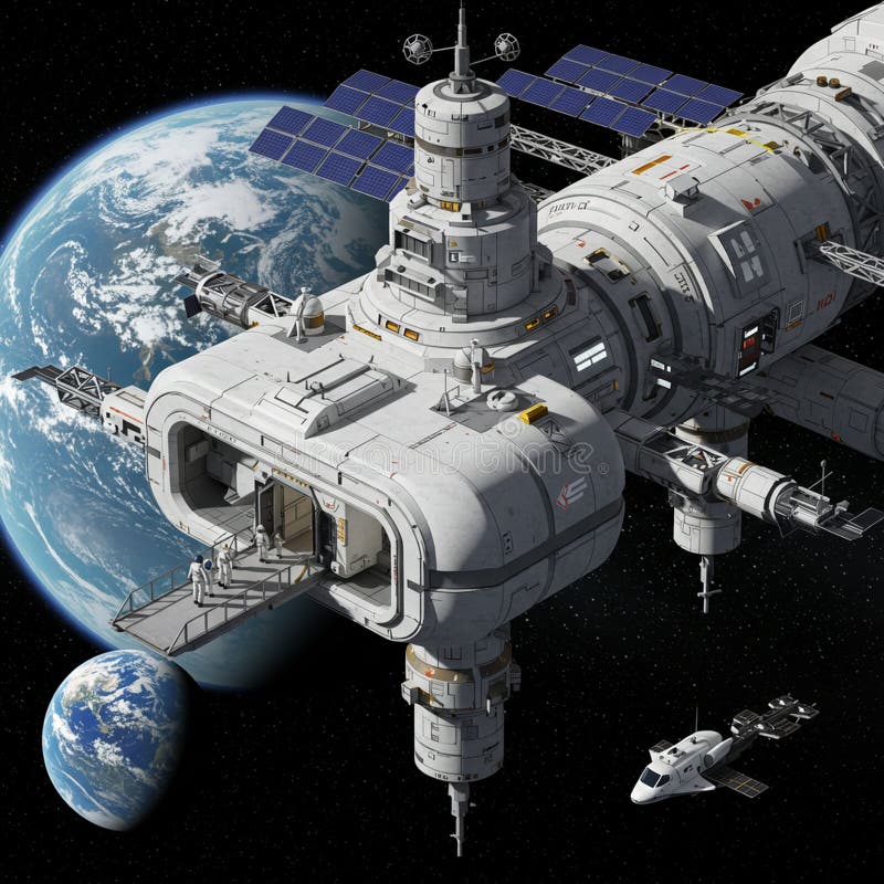 A large space station orbits Earth, featuring a modular design with multiple cylindrical stock illustration