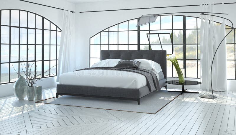 Large spacious bright bedroom interior stock image