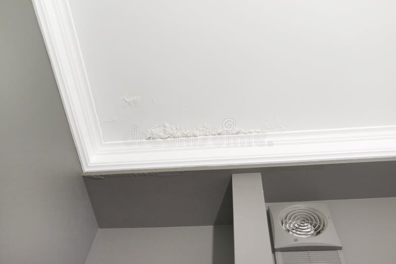Large Spots and Cracks on the Bathroom Ceiling after Flooding Stock