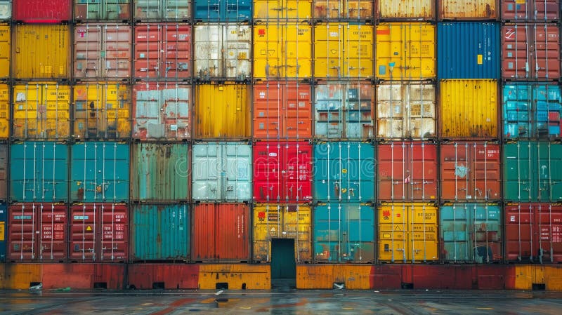 A towering stack of variously colored shipping containers, creating a vibrant and industrial sight. AI Generative AI generated. A towering stack of variously colored shipping containers, creating a vibrant and industrial sight. AI Generative AI generated