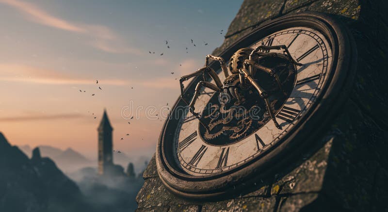Steampunk clock with mechanical spider against a twilight sky, evoking a sense of mystery and wonder in a fantastical landscape. royalty free illustration
