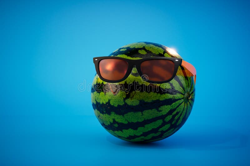 A Large Striped Watermelon in Sunglasses on a Blue Background. 3D