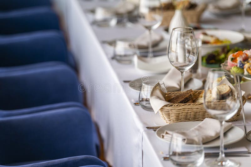 A large table with a tablecloth served royalty free stock image