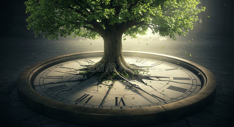 A large tree with a lush canopy grows at the center of a circular clock face. The tree\'s stock illustration