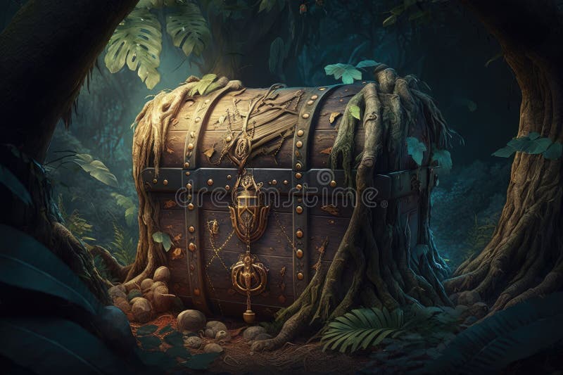 Large Tree Trunk with Treasure Chest in the Jungle Stock Illustration
