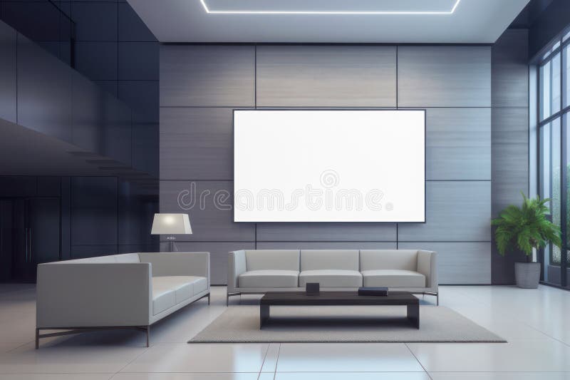 Large tv screen display monitor in foyer, lobby, office hall, public place interior, Generative AI